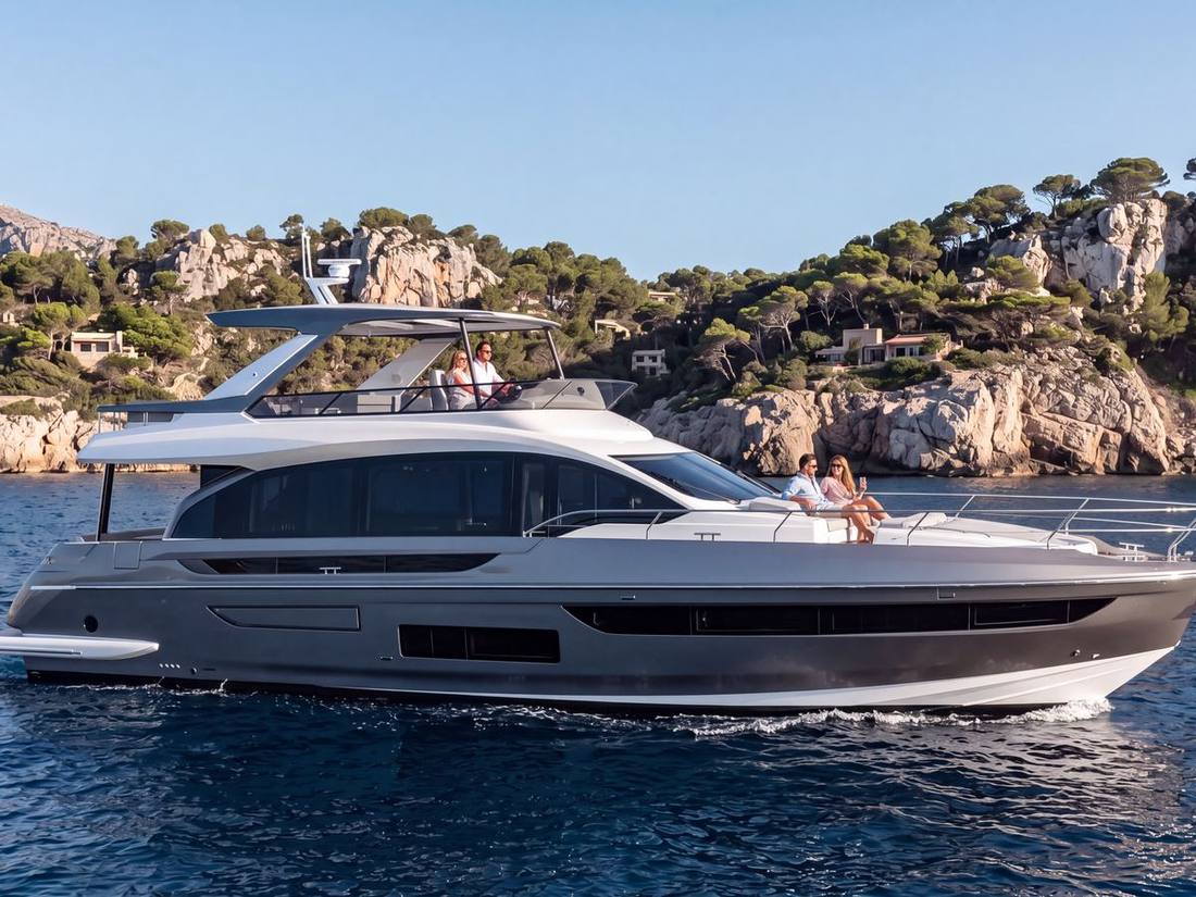 Flybridge Motor Yacht running along a rocky Mediterranean coastline with guests on the foredeck