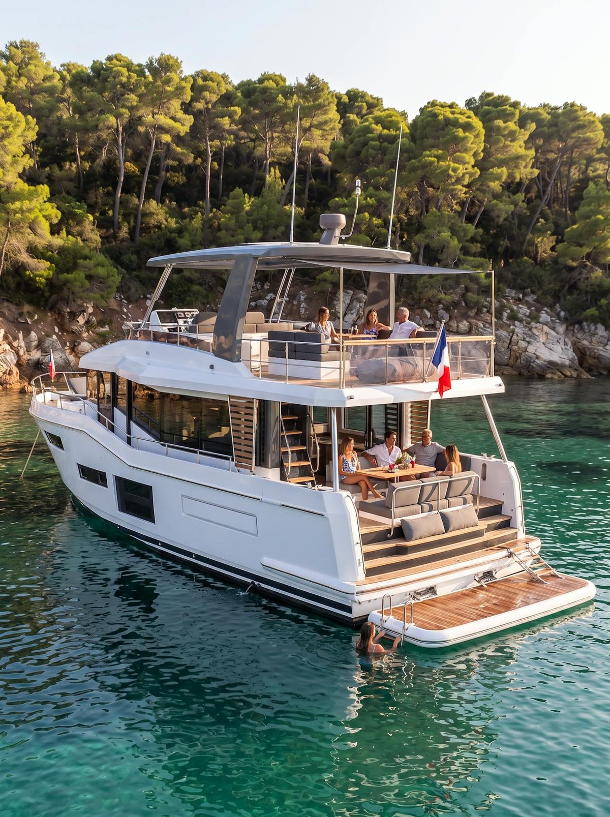 Flybridge Motor Yacht at anchor in a pine-fringed cove, guests at the table on the aft deck and on the flybridge above, one swimming off the bathing platform