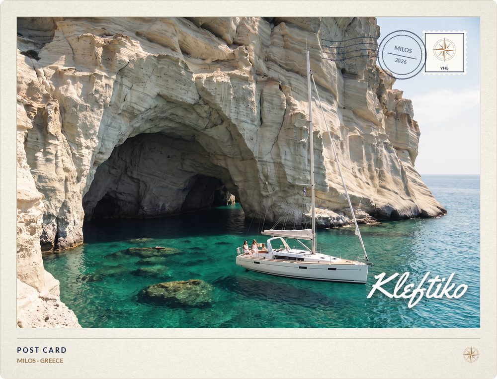 Postcard of a Sailing Yacht at anchor beneath the white volcanic cliffs of Kleftiko, Milos