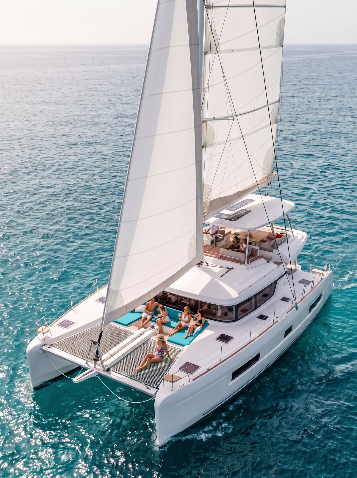 Sailing Catamaran under full canvas in open water, guests lying out on the trampolines forward