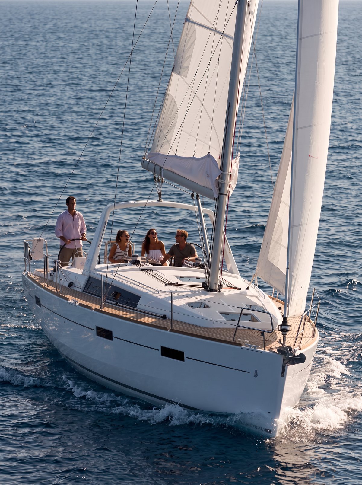 Modern Sailing Yacht heeling under white sails on a bright day off a Greek island