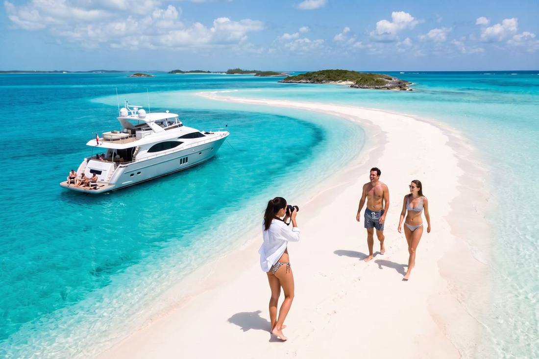 Motor Yacht anchored off a white sand cay in the Bahamas with a small group walking the sandbar