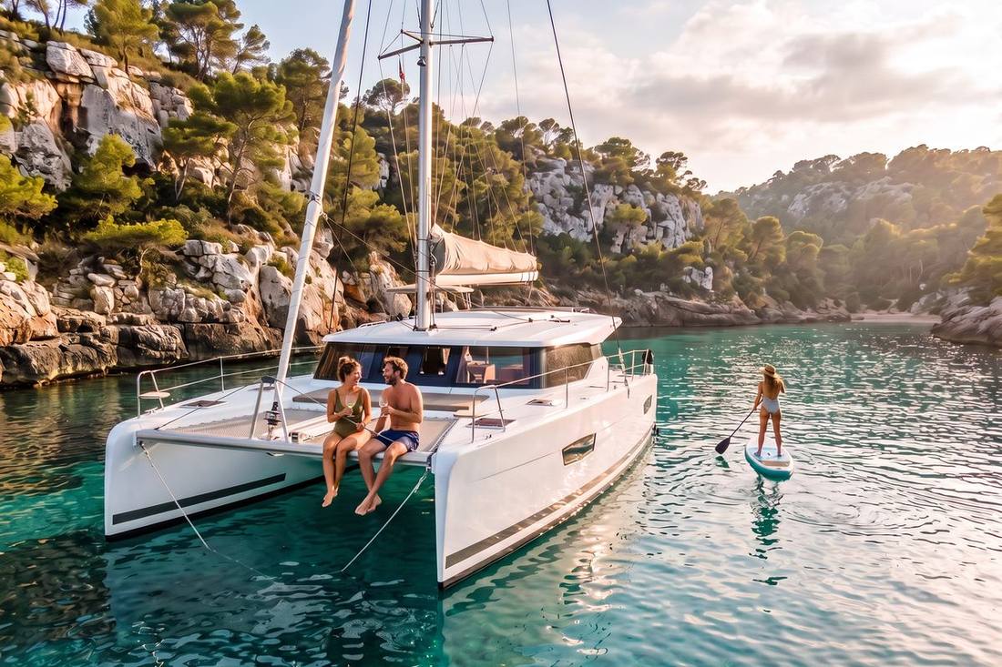 Catamaran anchored in a pine-fringed Mallorcan cala with a paddleboarder crossing the bay