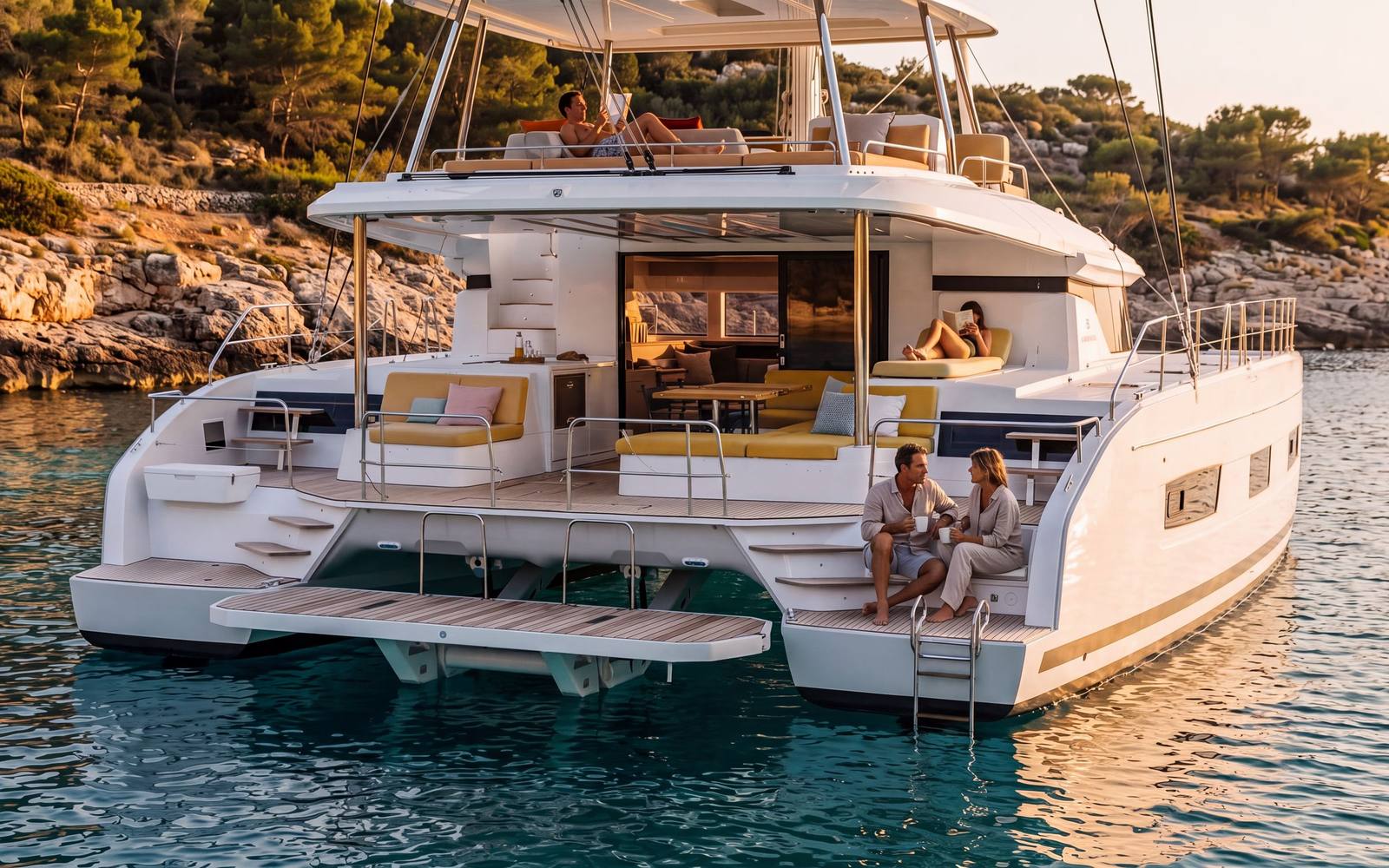 Two couples on the aft deck and flybridge of a chartered catamaran at anchor in a pine-lined bay at golden hour