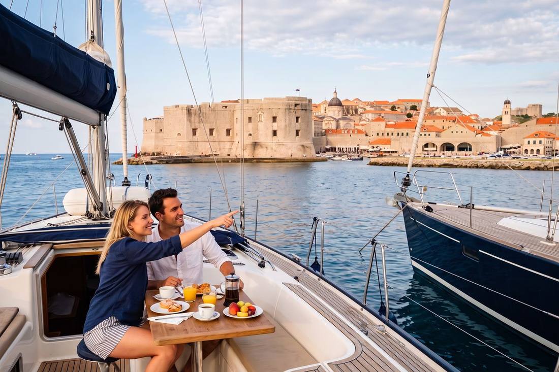 Couple having breakfast in the cockpit of a Sailing Yacht moored opposite the walls of Dubrovnik