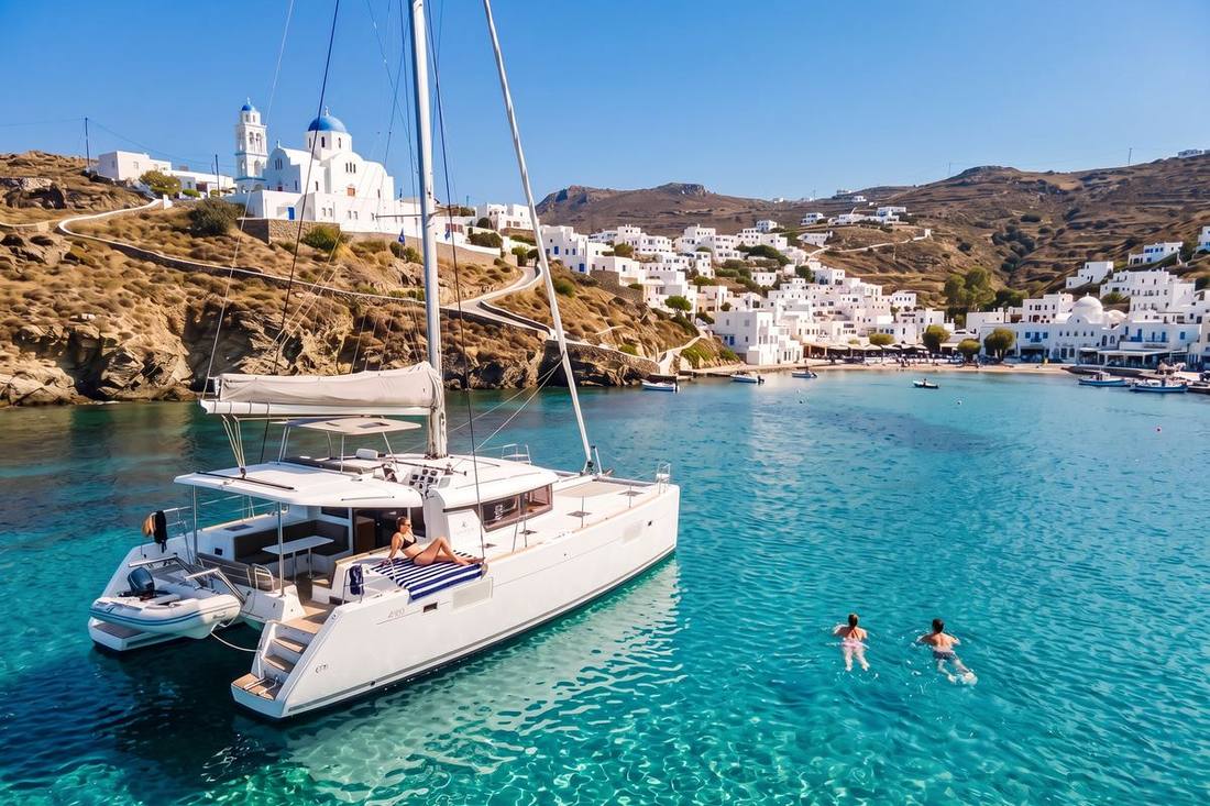 Catamaran at anchor in clear water below a white Cycladic village, two swimmers off the stern
