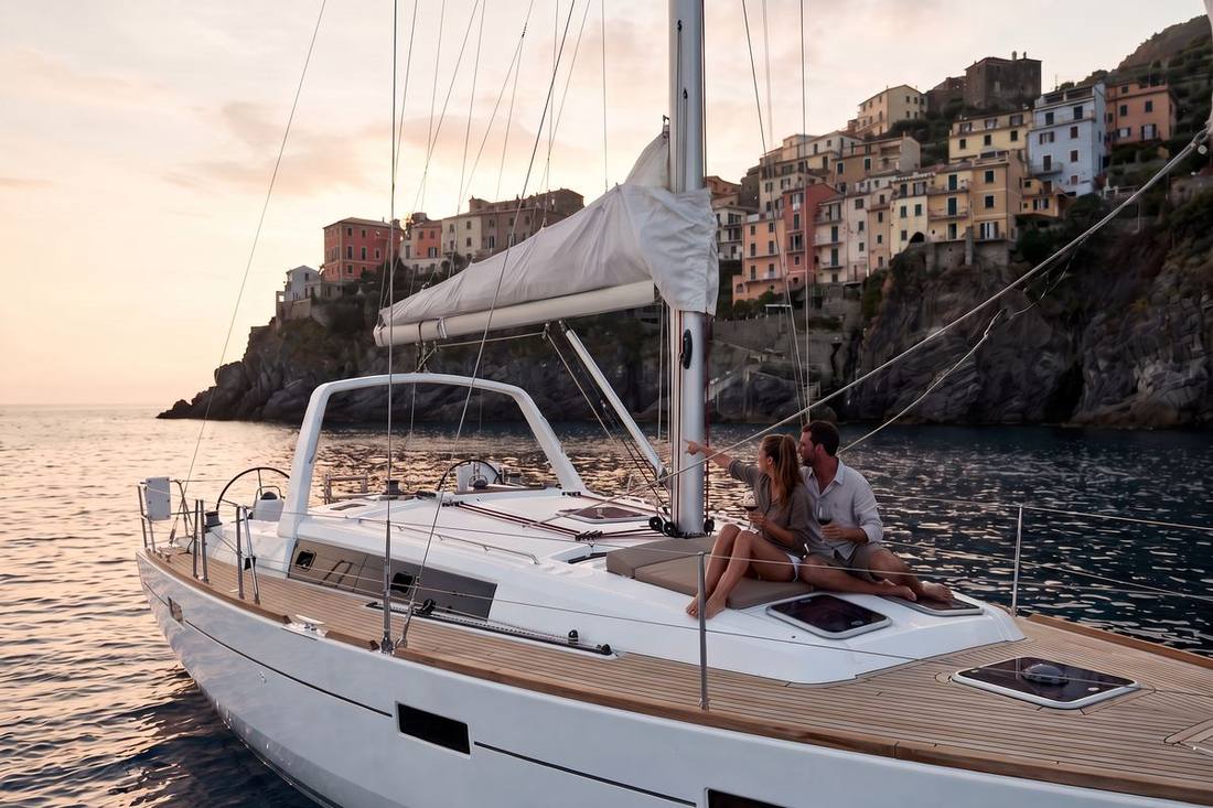 Sailing Yacht close inshore below a pastel cliff village on the Amalfi Coast at dusk